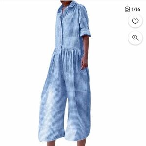 NWOT Blue & white checkered gingham long sleeves jumpsuit wide leg baggy size L